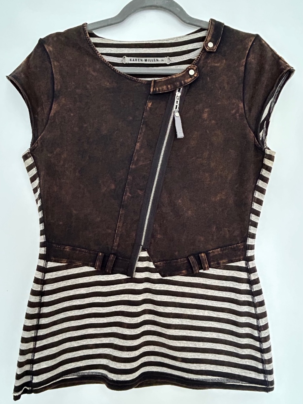 NWOT Karen Millen Zip Front Stretch Jersey Top, Striped Cap Sleeve, Size 14